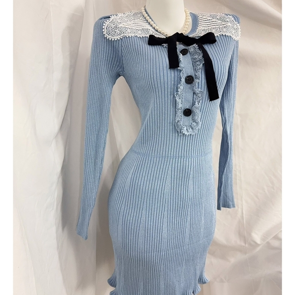 Self-Portrait Blue Ribbed Knit Dress 027500 - Picture 13 of 14